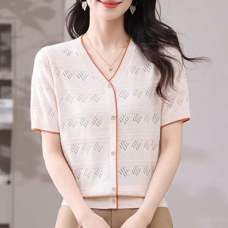 2025新款v领假开衫镂空针织衫女洋气薄款气质显瘦夏短袖百搭上衣