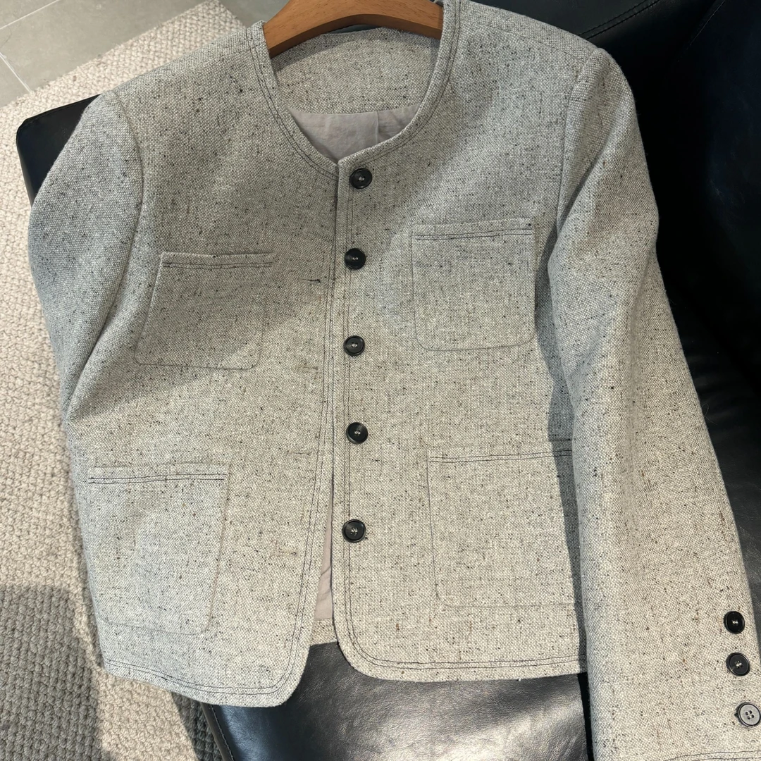 【晚霞飞船】气质小香风短款外套羊毛气质通勤百搭圆领上衣女