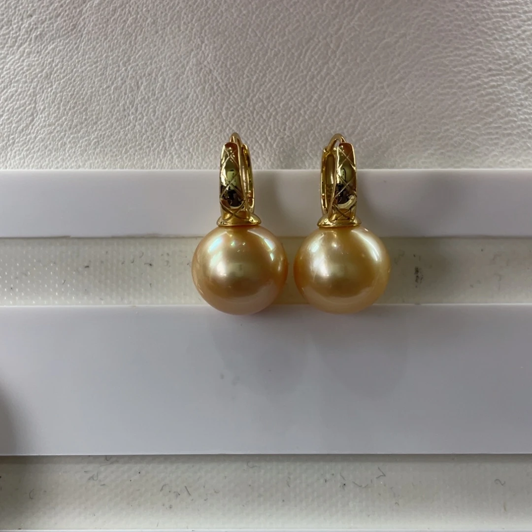 银S925镶嵌耳饰海水珍珠南洋金珠12-13m m