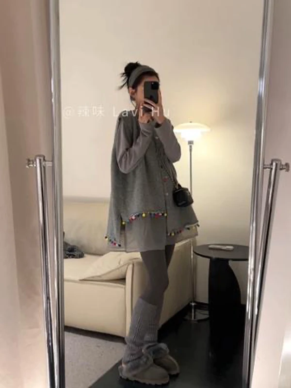 2025秋冬新款韩系慵懒风彩色灰色针织马甲圆领拼接网纱裙两件套女