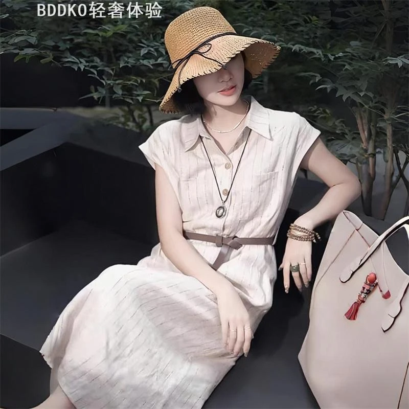 LACAH时尚冰丝雪纺短袖连衣裙女夏季新翻领条纹过膝长裙宽松显瘦A