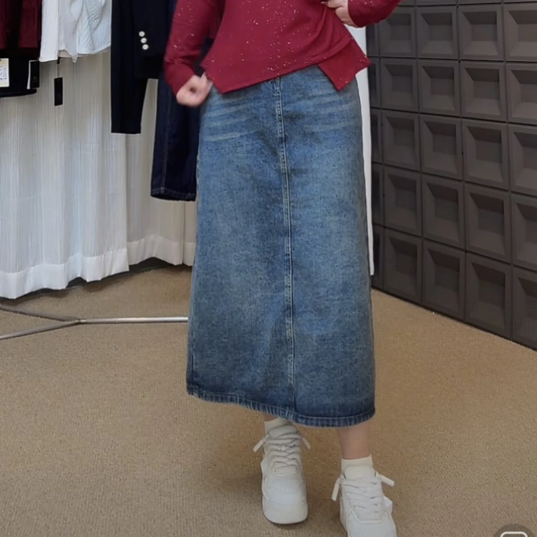 【花漾牛仔】后开叉宽松无弹大码微胖mm高腰显瘦百搭A字中长款半裙