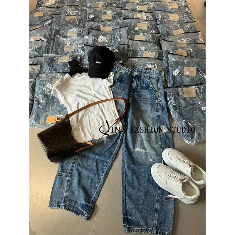 JING2025夏季新款009高腰破洞牛仔裤宽松女裤个性百搭休闲裤
