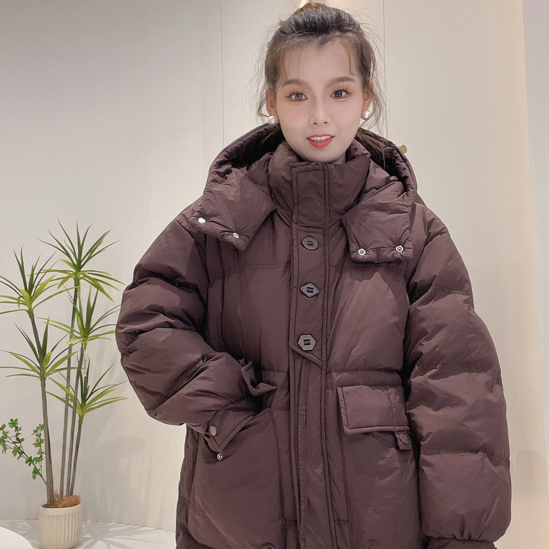 新国标白鸭绒 韩版门禁三粒扣羽绒服女中长款2024冬装百搭加厚