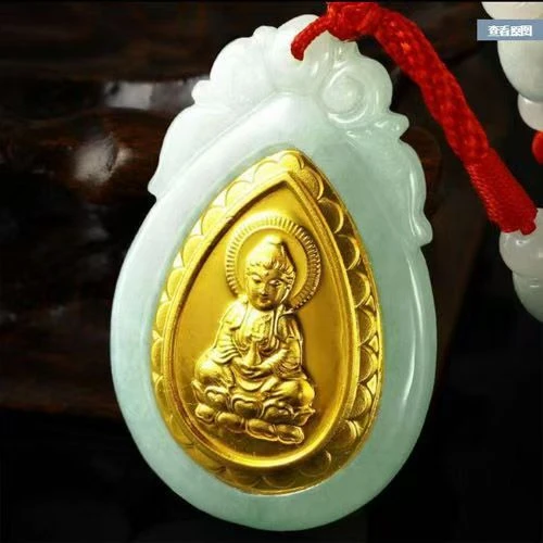 足金黄金观音镶翡翠金镶玉吊坠赠证书礼盒