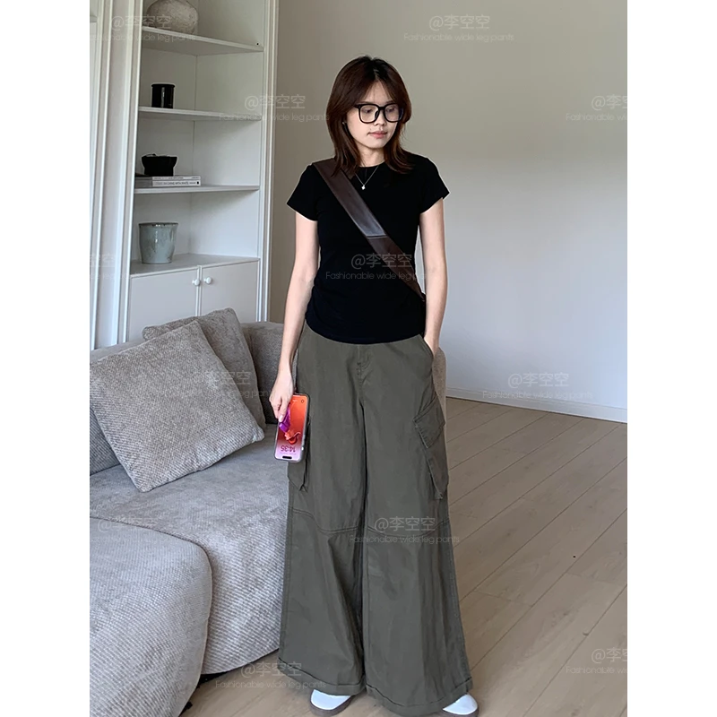 李空空【港岛日记】复古工装裤女秋宽松大口袋休闲阔腿显瘦直筒裤