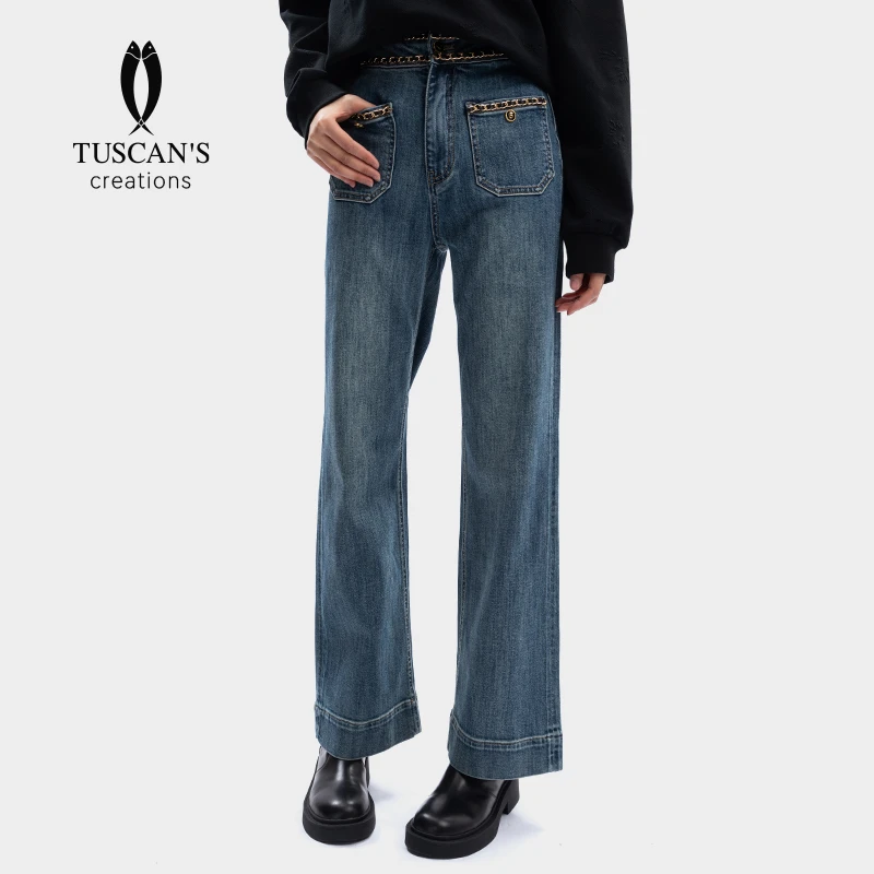 TUSCAN'S CREATIONS日常休闲百搭薄款小香风皮穿链高腰女款牛仔裤