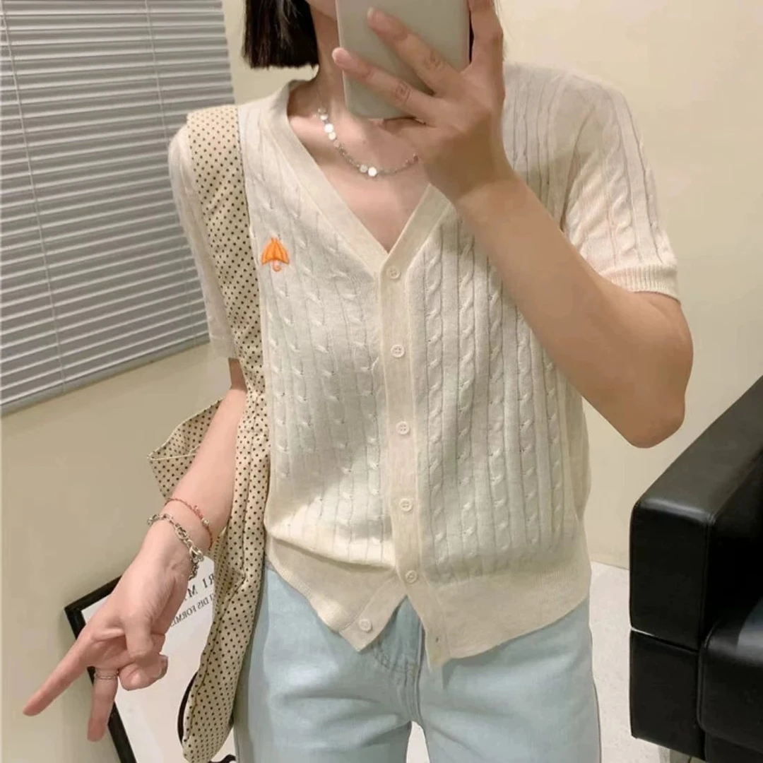 558【杏色小雨伞】亲肤天丝冰爽透气v领针织衫短袖女冰凉