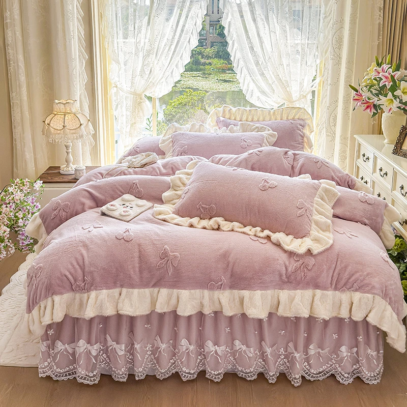 秋冬防兔绒提花牛奶绒夹棉床裙四件套韩版公主风双面绒保暖厚被套