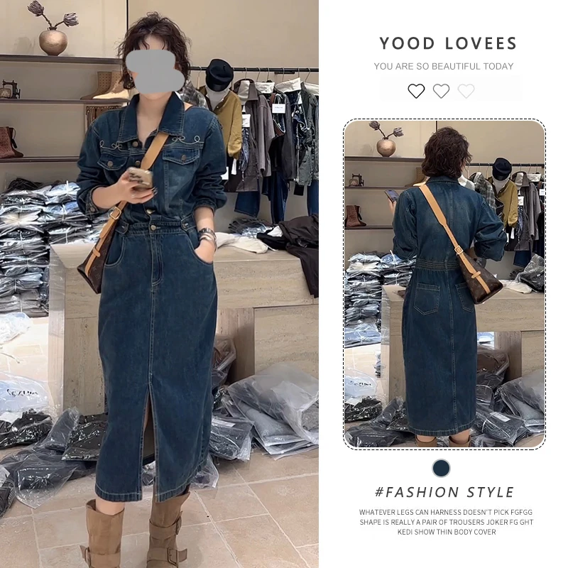 春秋新款复古慵懒风气质翻领系扣长袖连衣裙女今年流行时尚牛仔裙