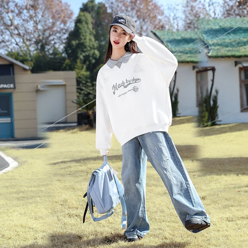 女童春秋字母绣花翻领卫衣2025春季新款套头时尚宽松百搭25033