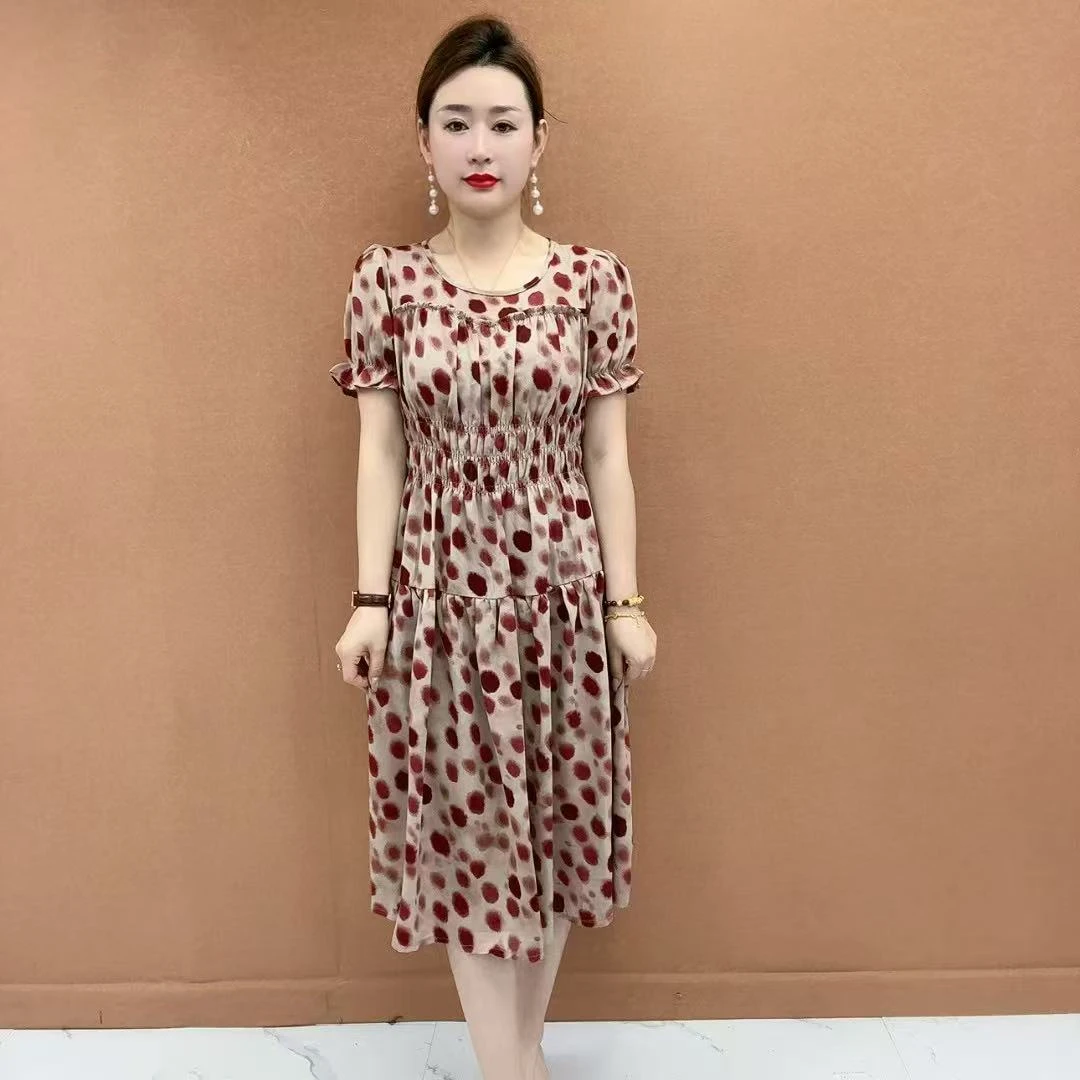 2025夏季中老年女装时尚花纹连衣裙女