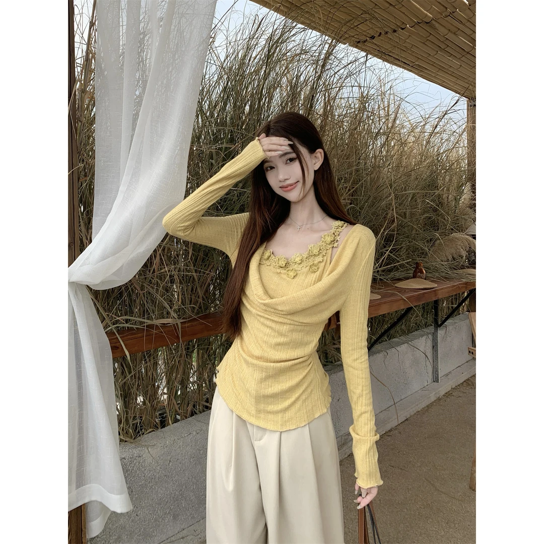 韩系辣妹荡领假两件长袖T恤套装女时尚百搭绝美别致阔腿裤两件套