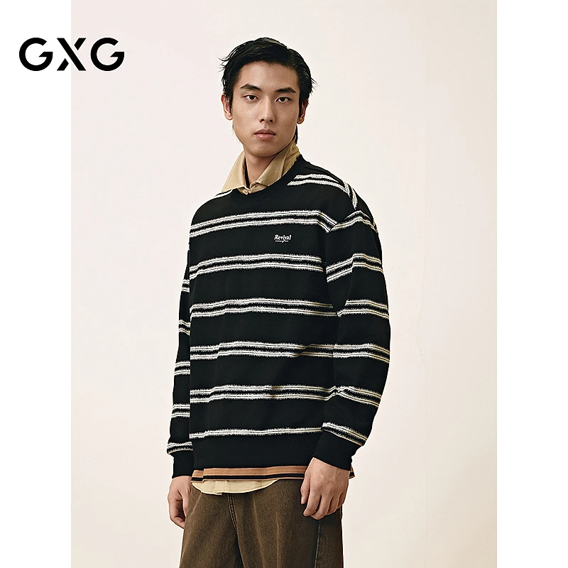 GXG男装 条纹卫衣长袖上衣卫衣复古宽松 2025春季新品#G25D311004