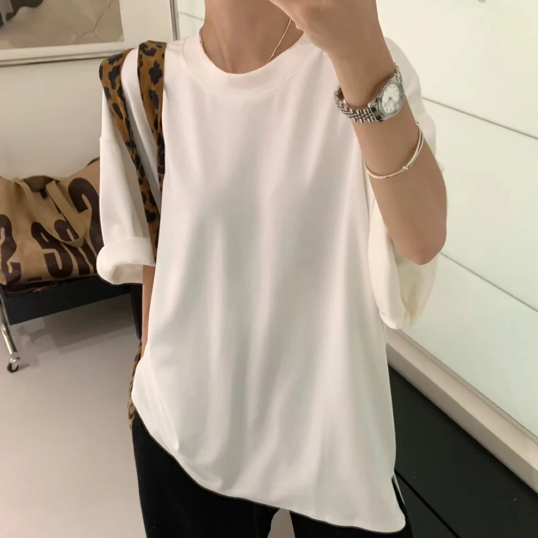 早秋款t恤休闲宽松女士圆领大版开叉