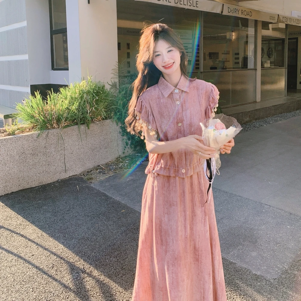 甜美温柔扎染气质套装女夏2025新款超火小众设计感收腰显瘦两件套