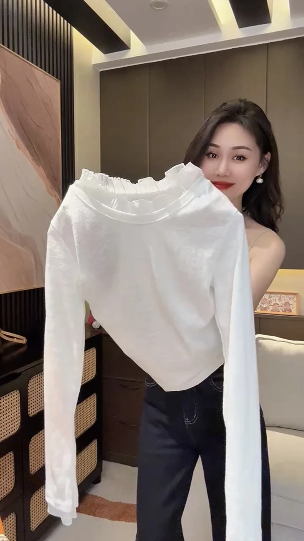 白色木耳边拼接圆领打底衫女2025秋季新款时尚小众高级感内搭长袖