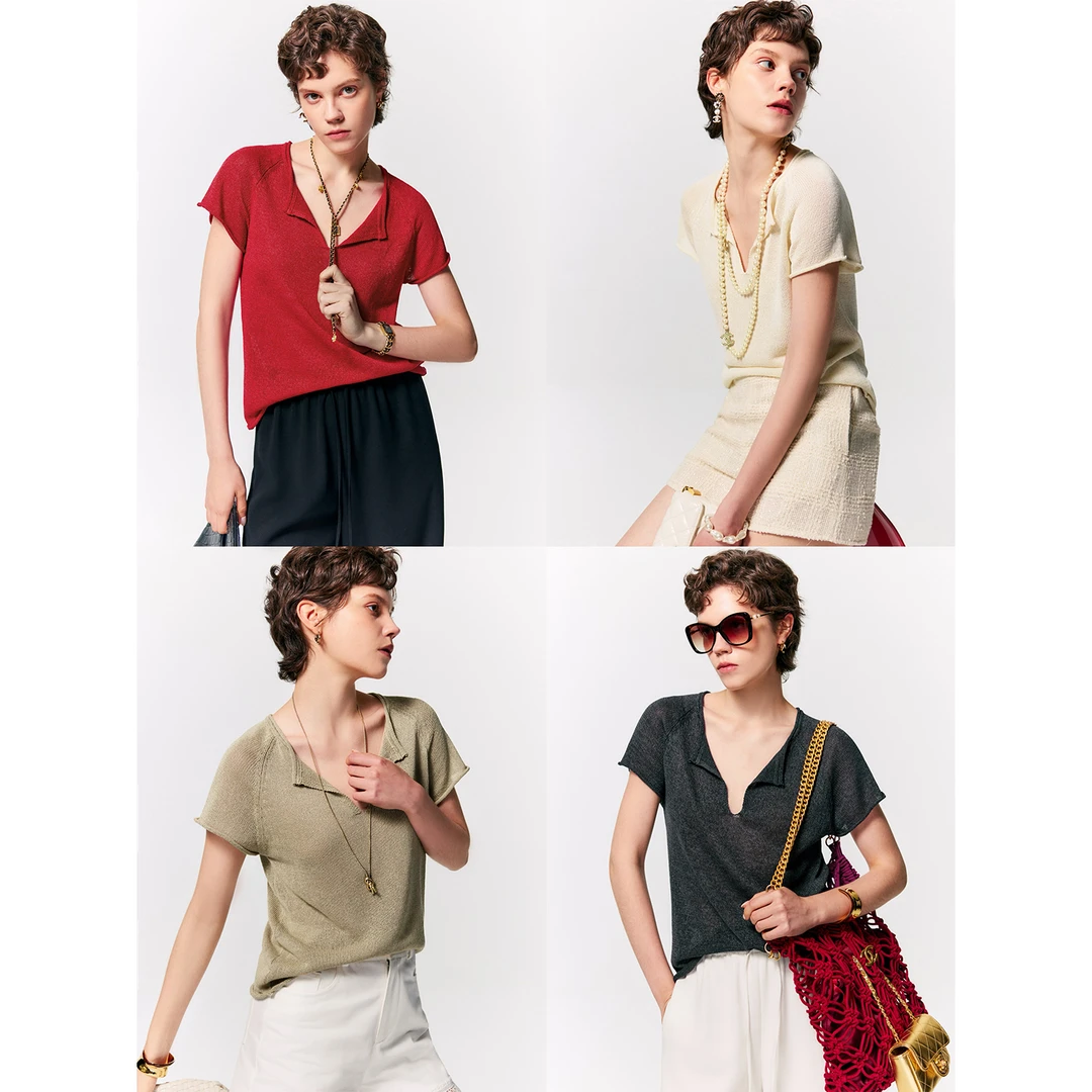 玖着'巡游衫'獨家定纺轻盈干爽亚麻和纸纱细腻肌理半开领针织T恤