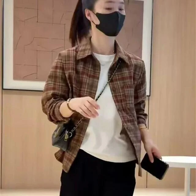 春秋磨毛长袖格子衬衫女2025新款大码衬衣休闲格纹上衣外套