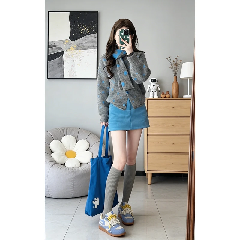 INS CEC秋冬新款波点围巾针织开衫毛衣外套女高腰显瘦半身裙套装