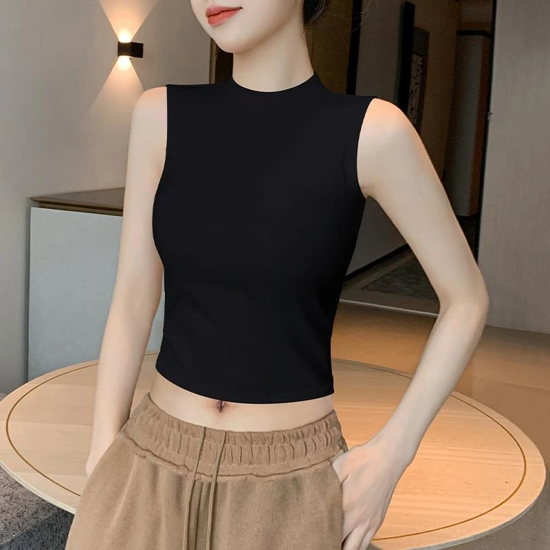 黑色短款吊带背心女2025新款夏季外穿小高领棉质无袖修身上衣打底
