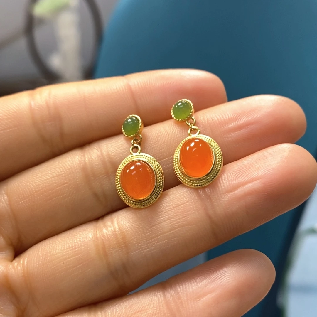 南红玛瑙耳饰银S925镶嵌꧁****꧂