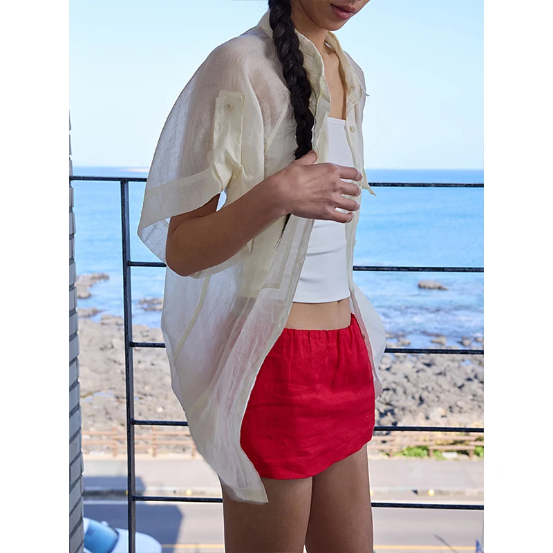 TDDP“汐岸漫息”100%苎麻微透短袖衬衫女夏季设计感小众衬衣外套