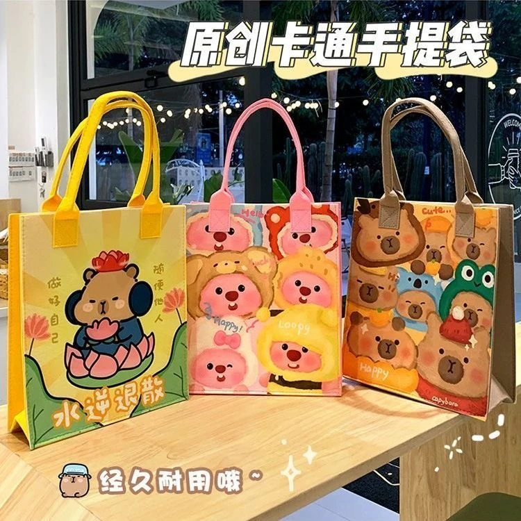 新款卡通毛毡手提包可爱印花可爱大容量手提包宝妈购物必备毛毡包
