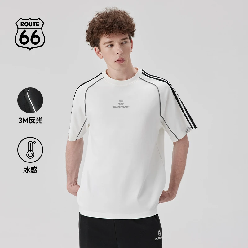 Route66/66号公路美式运动撞色夏季织带拼接3M反光闪电纹牛仔裤