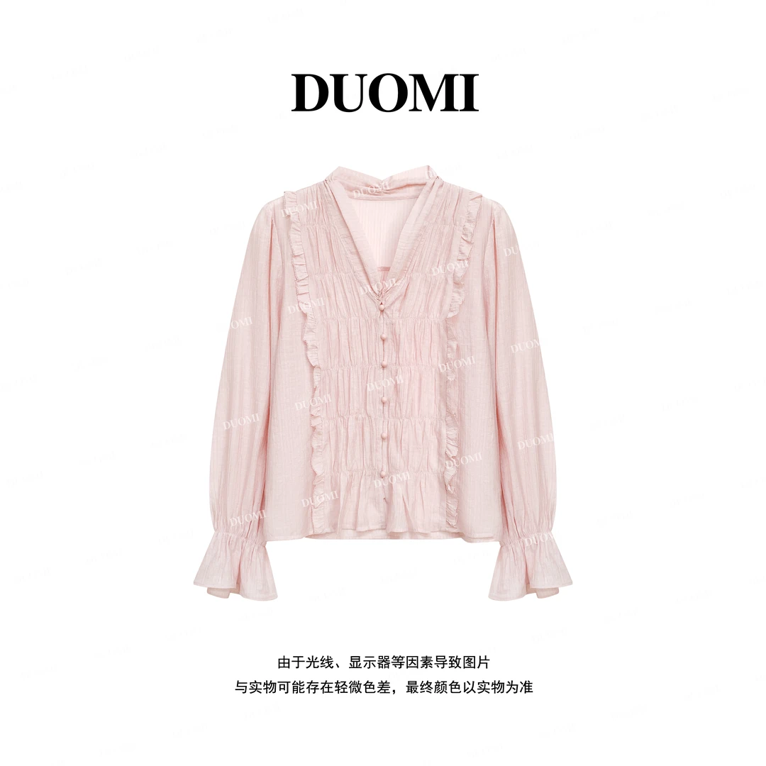 【DUOMI】早秋新款女装百搭时尚设计感拼花边小衫女上衣D7586