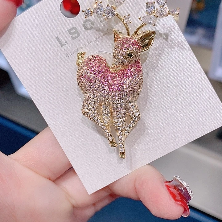 锆石铜合金渐变粉小鹿胸针