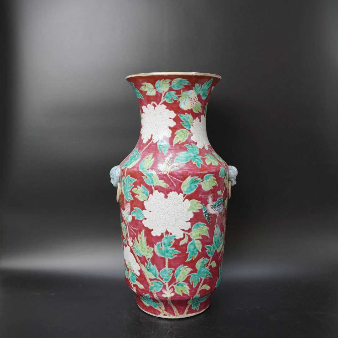 Lot.25070881清道光粉彩花鸟纹双兽耳赏瓶H：约37.5