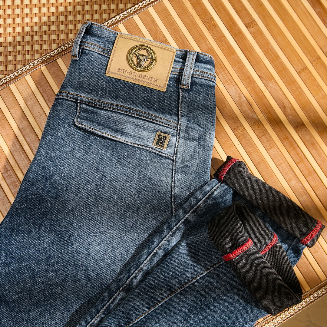 冬季火山棉加绒加厚复古弹力洗水休闲商务直筒牛仔裤子男装P428