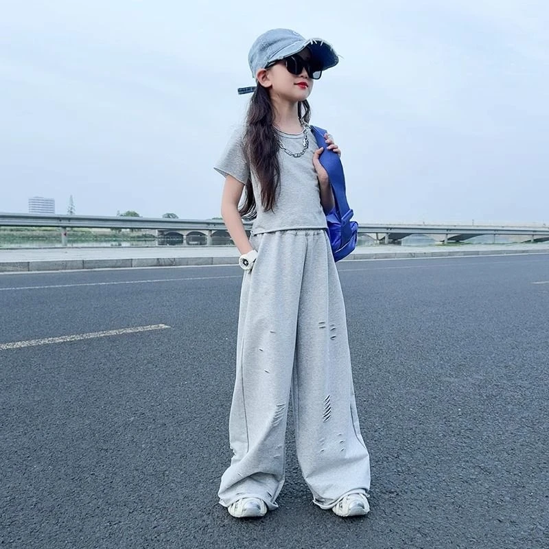 女童夏装运动套装2025新款夏季女孩洋气中大童休闲阔腿裤两件套潮
