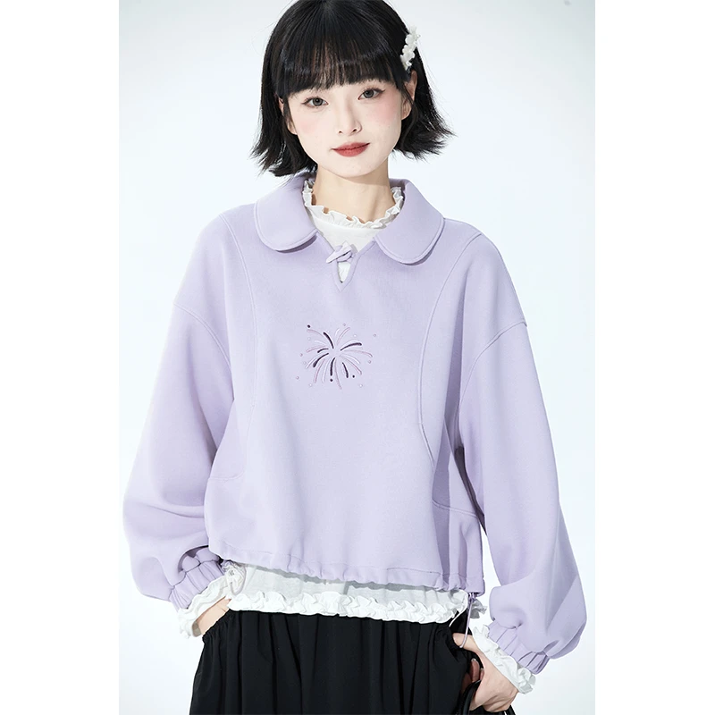 浅紫色烟花刺绣无帽针织卫衣女秋季宽松牛角扣翻领上衣