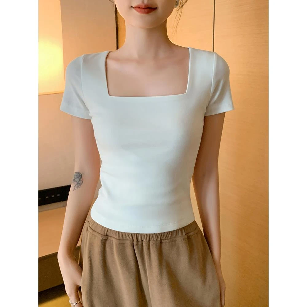 螺纹黑色方领短袖t恤女短款低领露锁骨半袖体恤u领紧身齐腰上衣夏