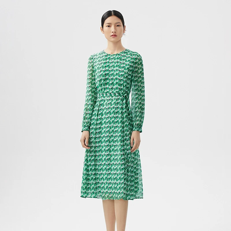 LANCY/朗姿2024春季新款中长款图形印花收腰连衣裙子