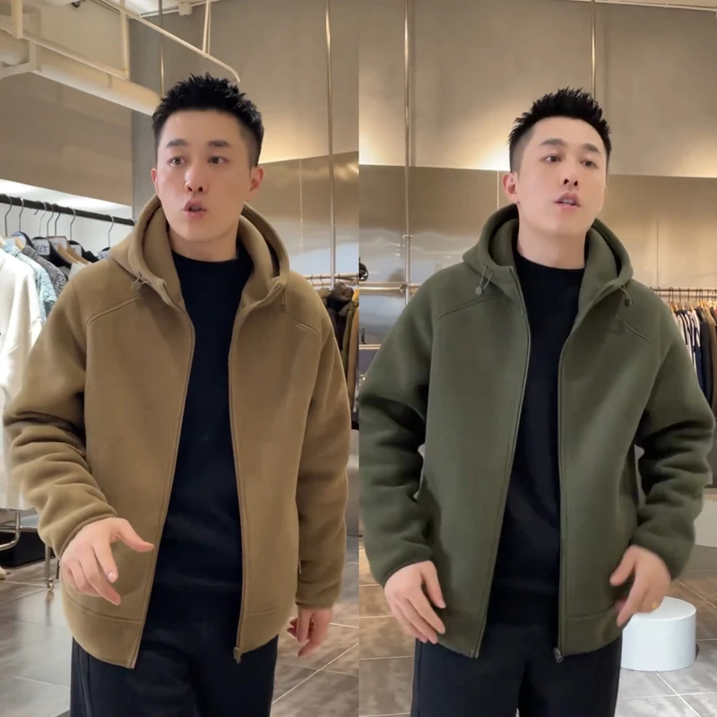 2025秋冬双面摇粒绒连帽夹克外套男潮牌宽松保暖加绒加厚开衫卫衣