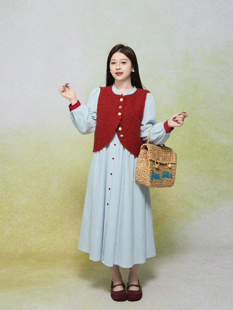 月半鱼【春物集】复古文艺红色马甲女+蓝色长袖宽松显瘦百搭连衣裙
