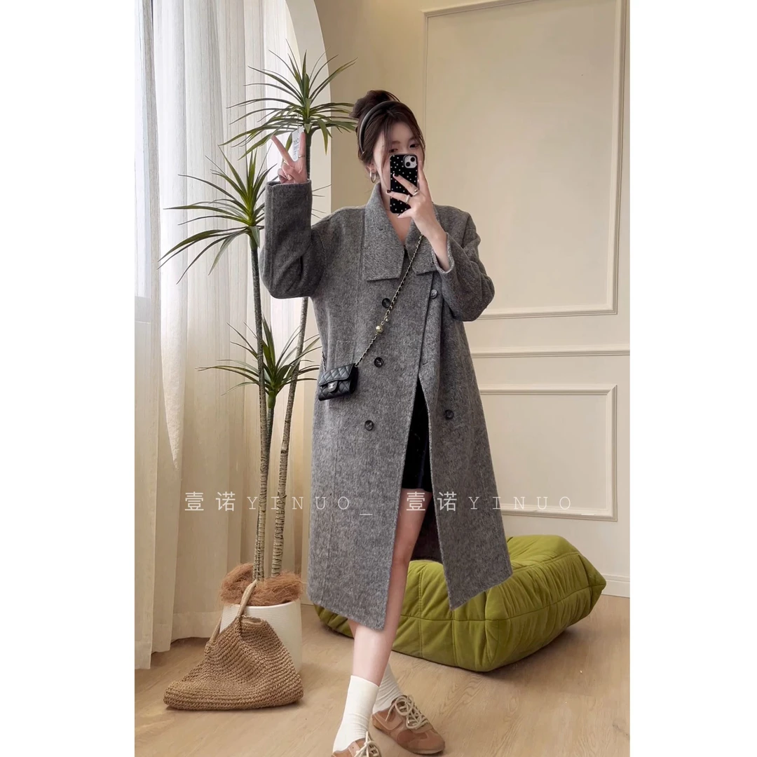 2024双面羊毛长款立领宽松双排扣大衣外套女冬YY35