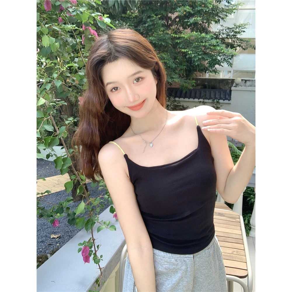 2025夏季新款辣妹方领一体杯吊带固定杯美背交叉细带露背背心