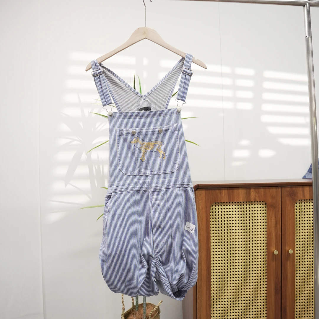 潮牌男女条纹牛仔背带裤宽松休闲减龄直筒连体裤00128