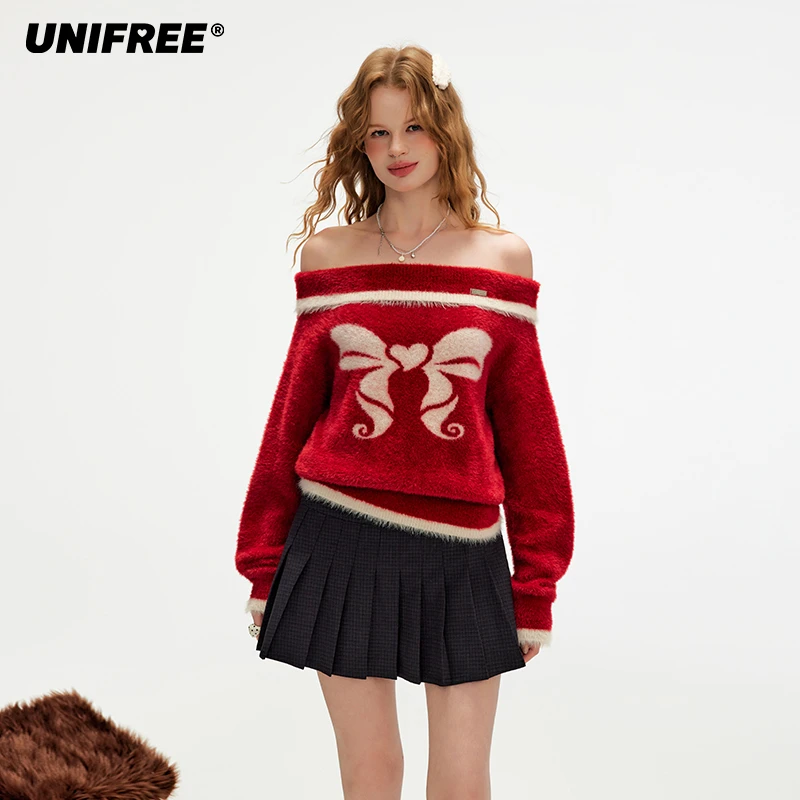 UNIFREE蝴蝶结印花毛针织衫早秋新款性感时尚圣诞复古一字肩上衣