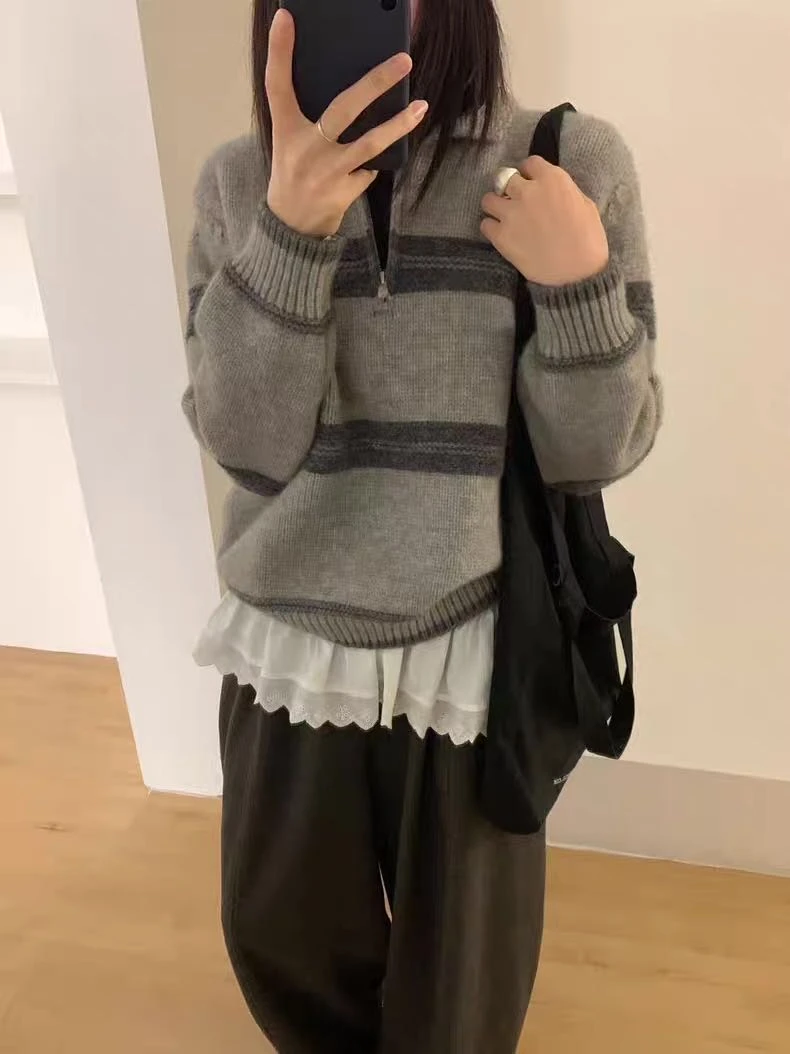 旦旦专属-翻领条纹撞色开衫毛衣韩系复古风减龄百搭上衣179#