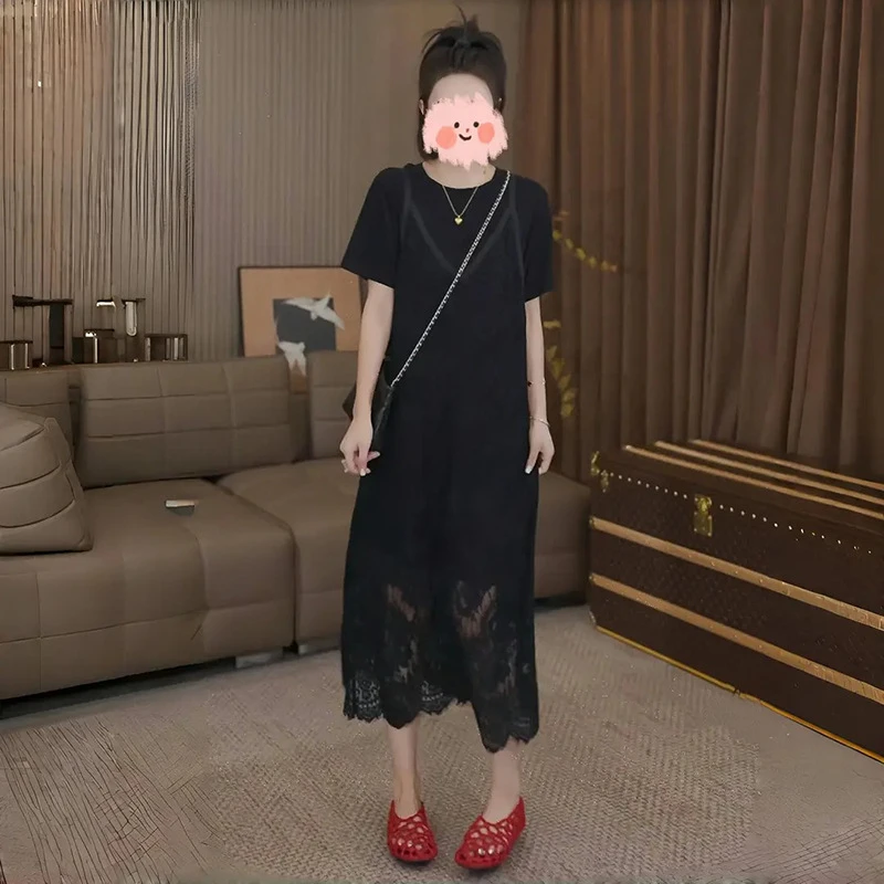 2025新款女装高级宽松短袖T恤蕾丝吊带连衣裙两件套装
