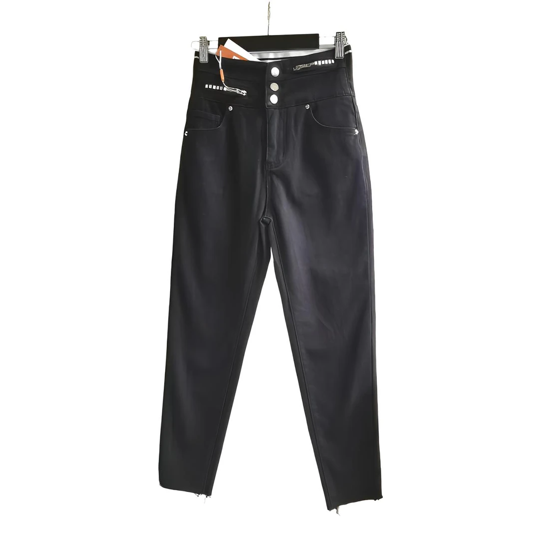 微瑕黑色三粒扣高腰铅笔裤女新款弹力收腹显瘦百搭小脚毛边牛仔裤