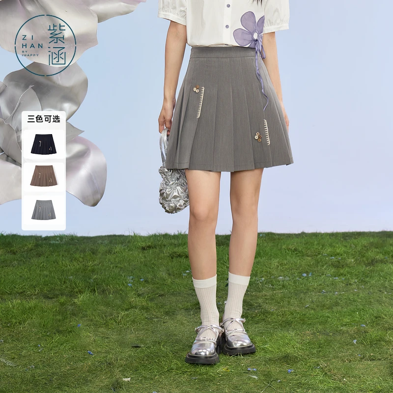 紫涵纽扣百褶裙女A字高腰短裙显瘦半身裙Z4Z04BS348