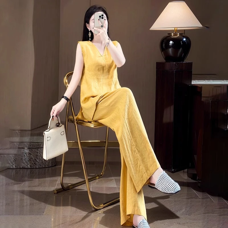 大方得体穿搭一整套2025年夏季无袖亚麻马夹背心阔腿裤两件套装女