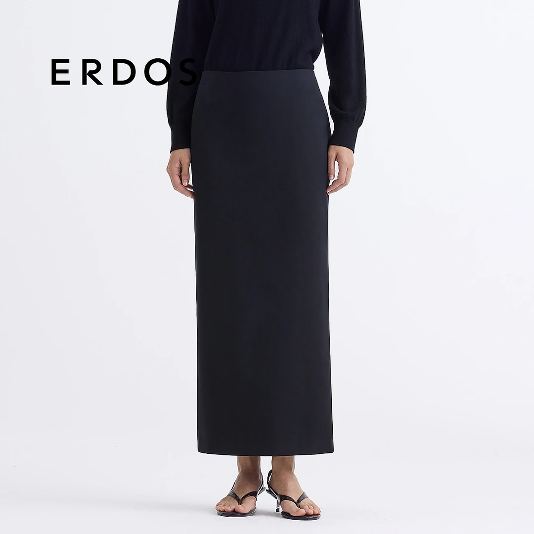 【精纺羊毛斜纹直筒裙】ERDOS 通勤优雅气质长款半身裙春