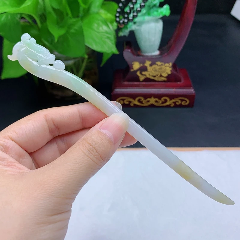 天然缅甸翡翠A货冰润三彩雕龙发簪玉石汉服发饰小摆件21.63g